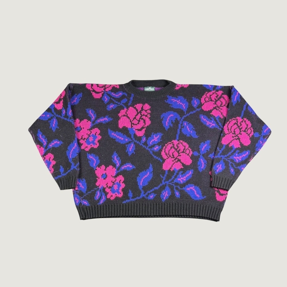 Vintage Cabin Creek Floral Knit Sweater Mens XL Black Pink Purple Made in USA